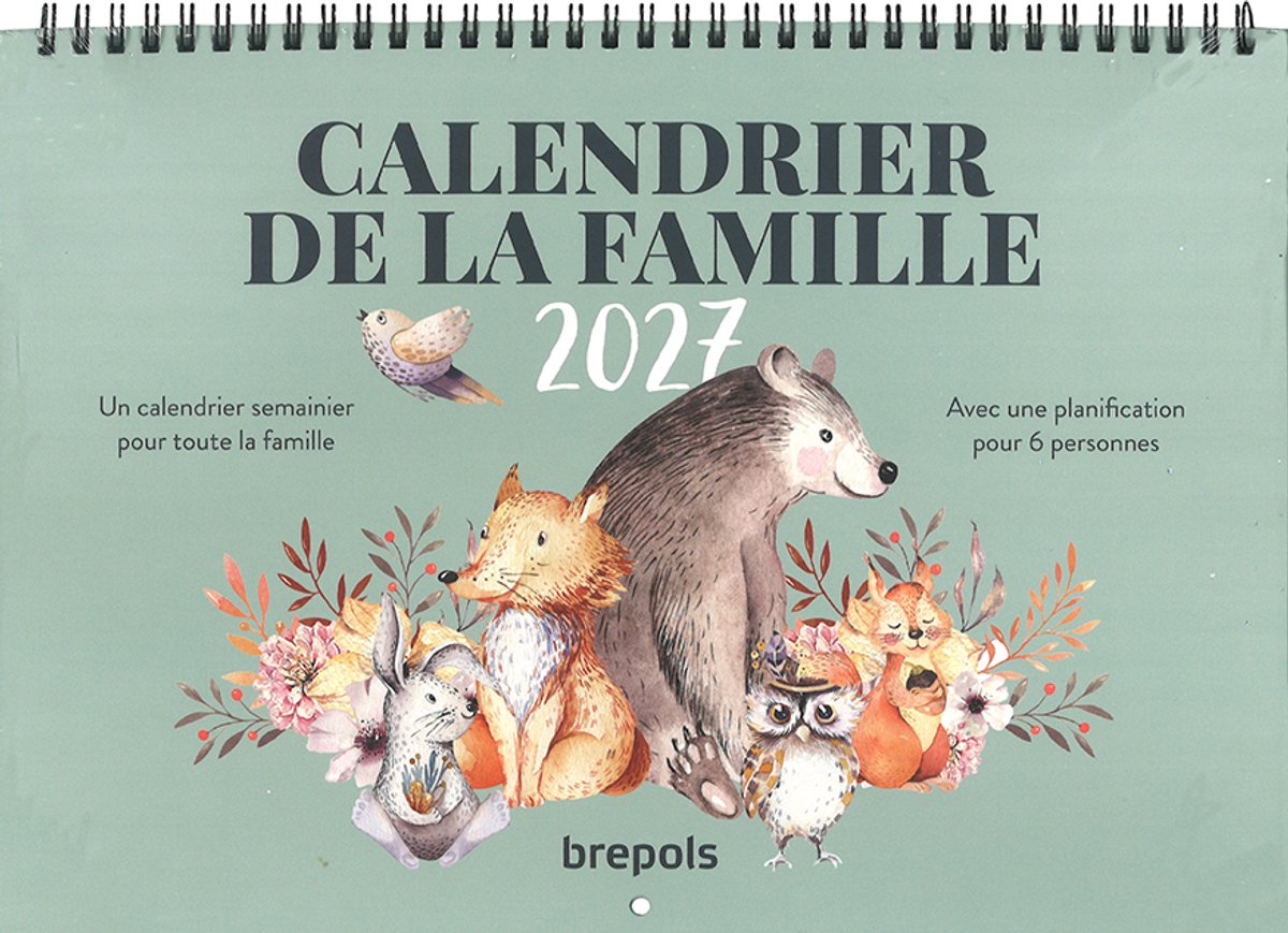 Brepols agenda 2027 - GEZINSKALENDER [1.866] - FRANS-talig - 6 personen - 1 week op 2 pagina's - Weekoverzicht - Wire-O - Groen - 31 x 22 cm
