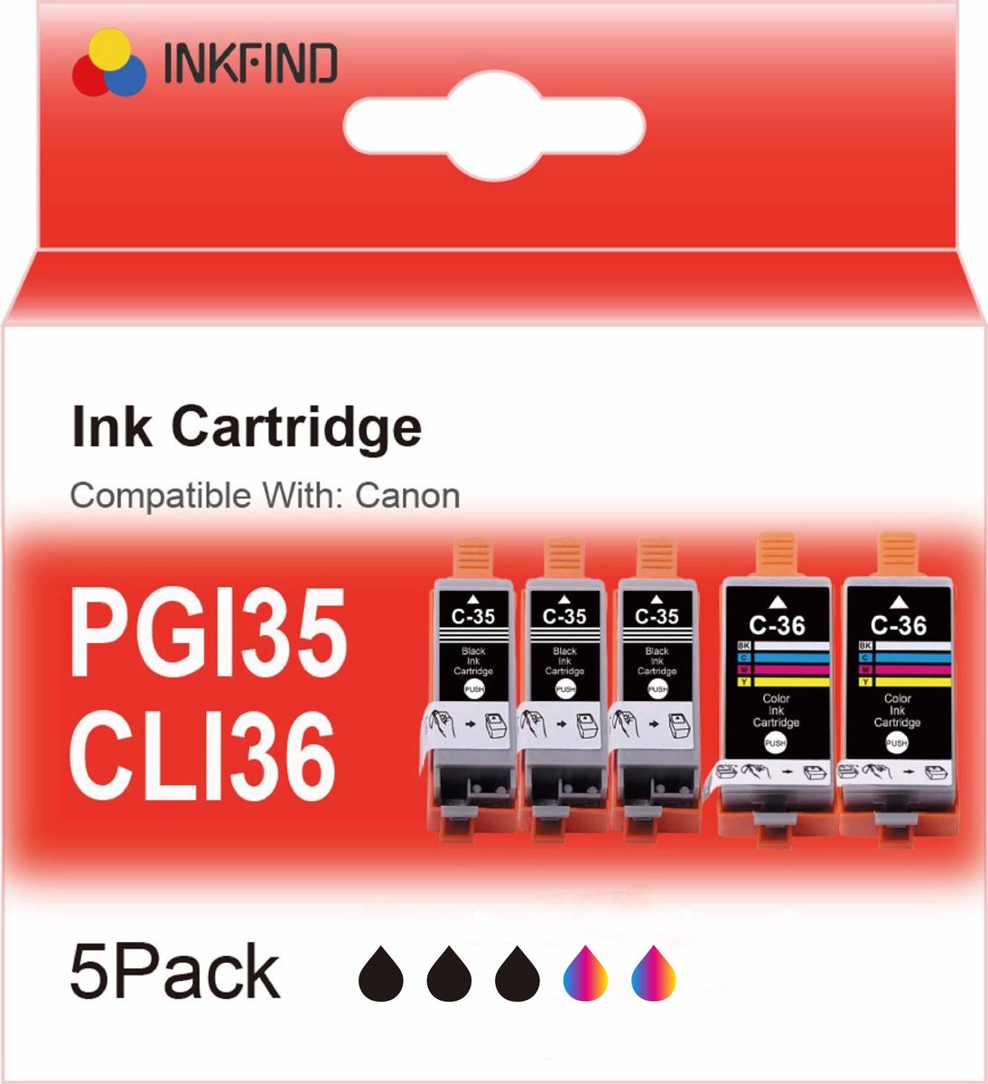 INKFIND PGI-35 CLI-36 inktcartridge voor PGI-35 CLI-36 Canon PGI35 CLI36 inktcartridge multipack 5 stuks (PGI-35 Zwart x 3; CLI-36 K/C/M/Y x 2) Geschikt voor Canon PIXMA iP100 / Canon PIXMA iP110 / Canon PIXMA TR150 - 5 PACK