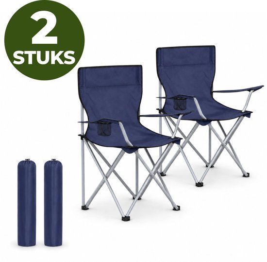 Set van 2 blauwe campingstoelen met bekerhouders en opbergzakken. "2 STUKS" is zichtbaar.