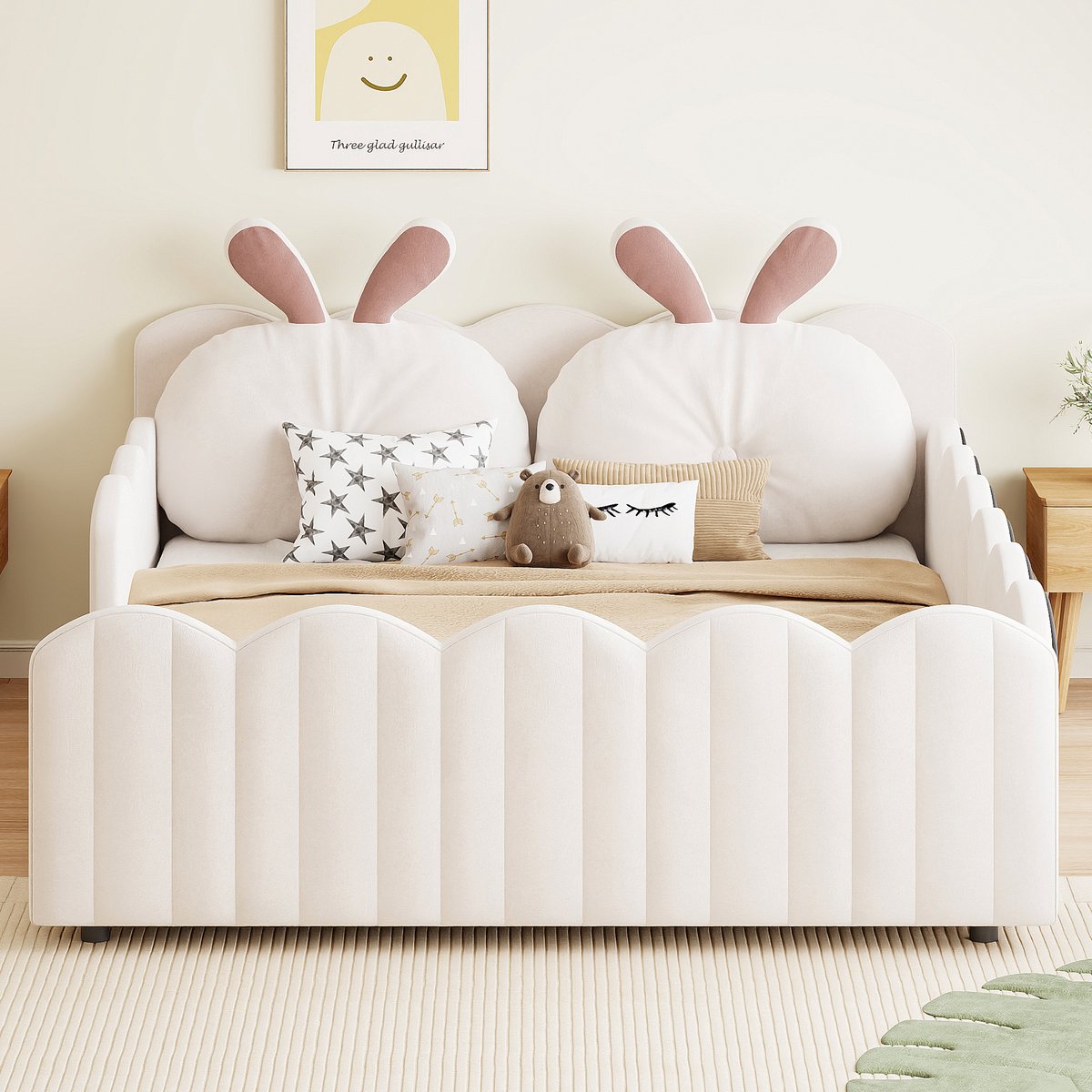140x200cm kajuitbed - met lattenbodem - met kussen in konijnvorm - beige - zonder matras