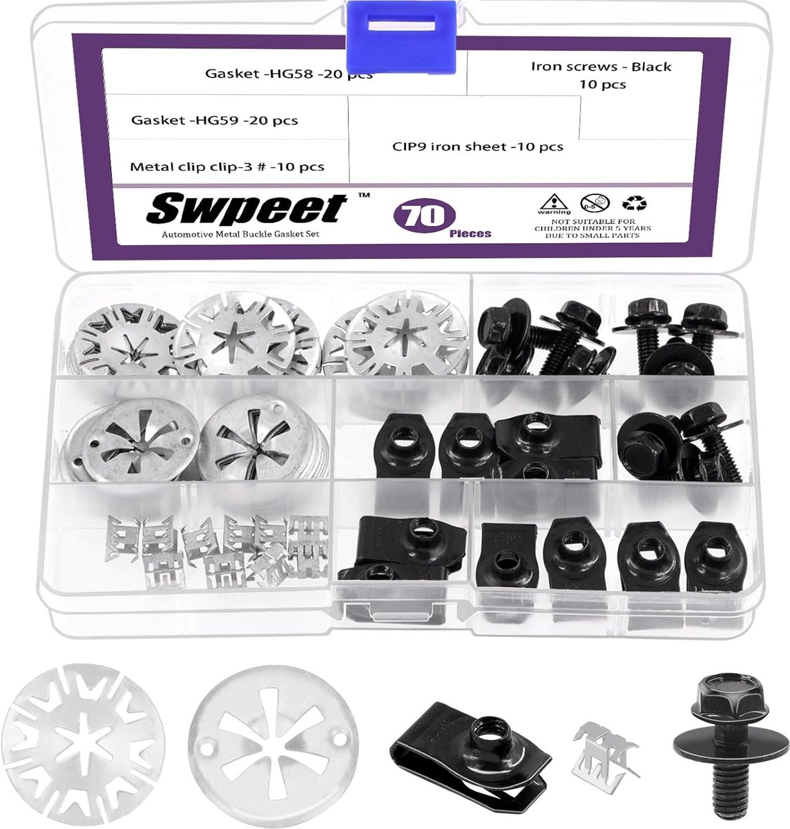 SnelShoppen - 70Pcs Uitlaat Warmteschild Clips Metaal Locking Sterringen met Auto U Clip en Schroeven Assortiment Kit, Rvs Klemmen Disc Warmtebescherm