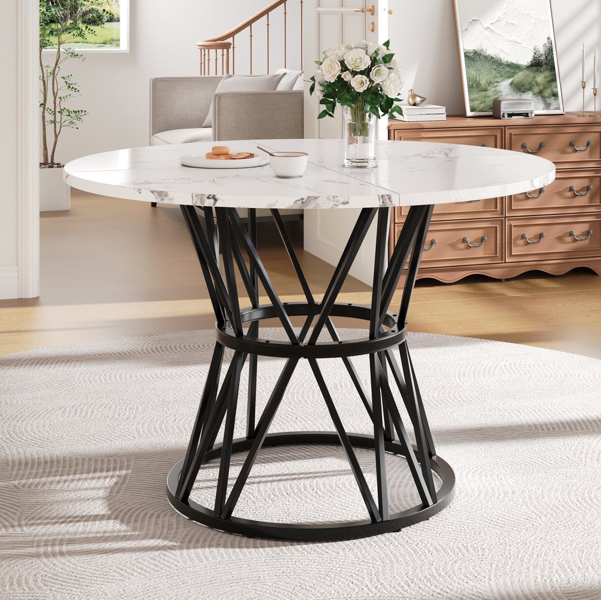 COVREO Eettafel 100 x 100 x 76 cm – zwart, MDF met marmerlook fineer, metalen frame voor 4 personen