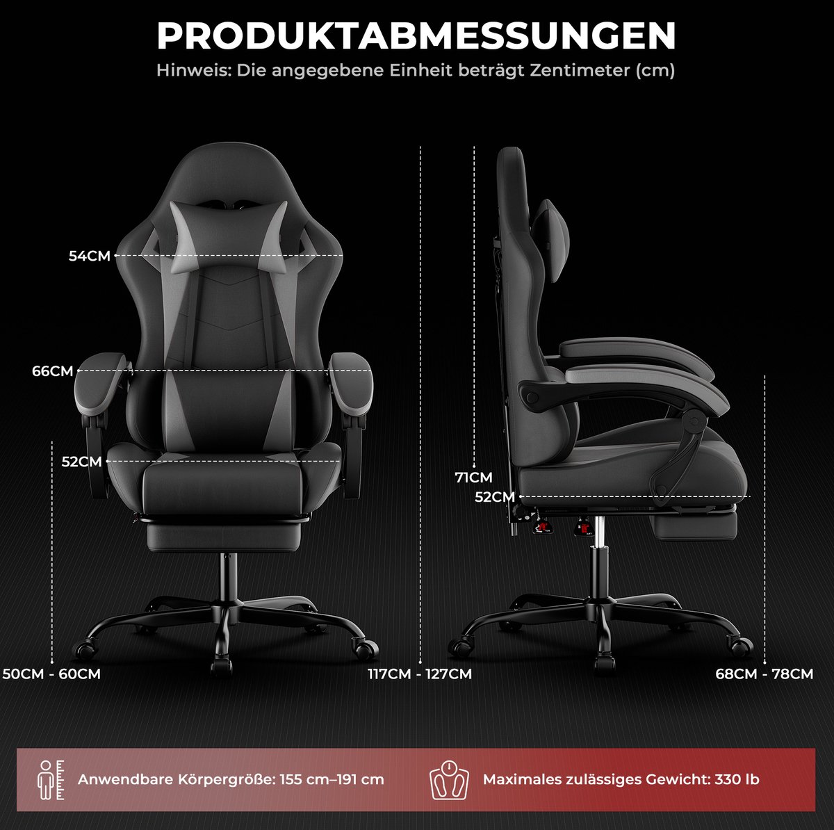 COVREO Gamingstoel 66 x 78 x 127 cm - zwartgrijs kunstleer, met hoofdsteun en voetsteun