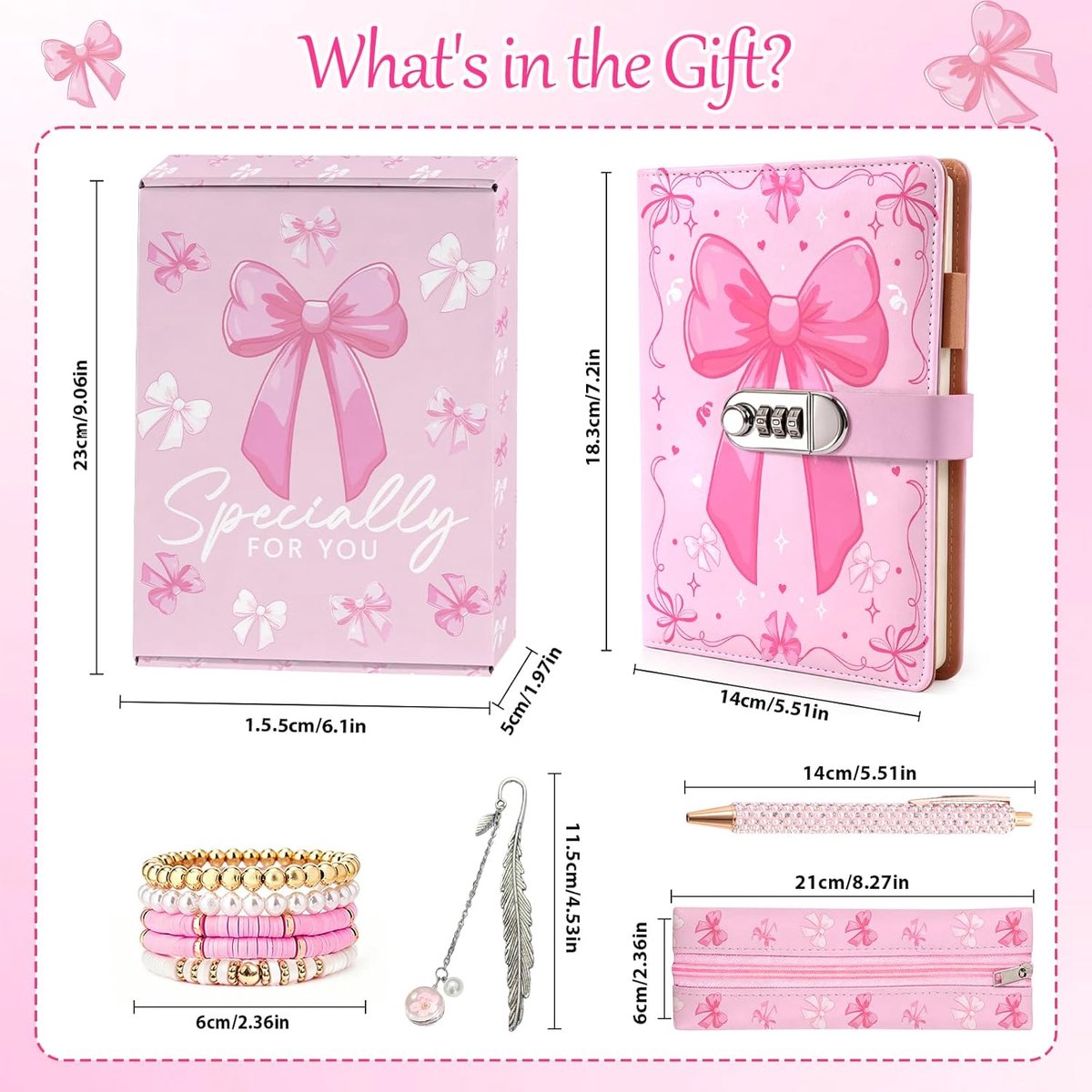 SnelShoppen - Secret Diary met Slot voor Meisjes, Dagboek Set met Glitters, Pennen Etui, Boekenlegger en Armband, Cadeau voor Meisjes 8-13 Jaar (5 del