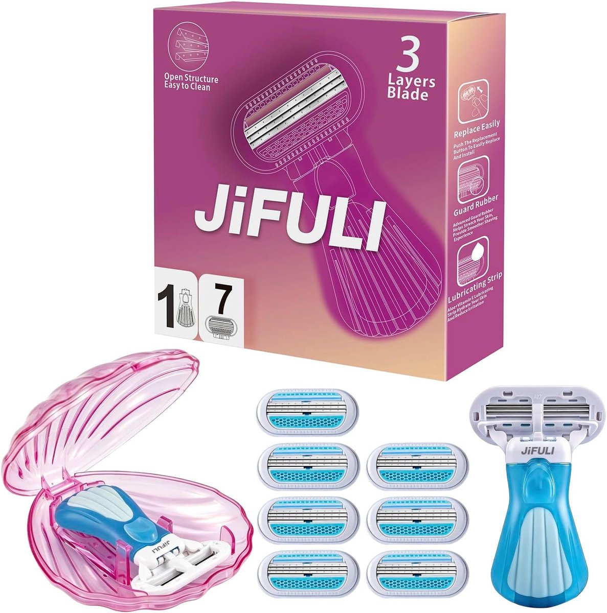 SnelShoppen - Scheerapparaat voor Dames met 7 Verwisselbare Scheerhoofden, Compact en Handzaam, Ideaal voor Reizen, Blauw, Voor Intieme Delen en Gevoe