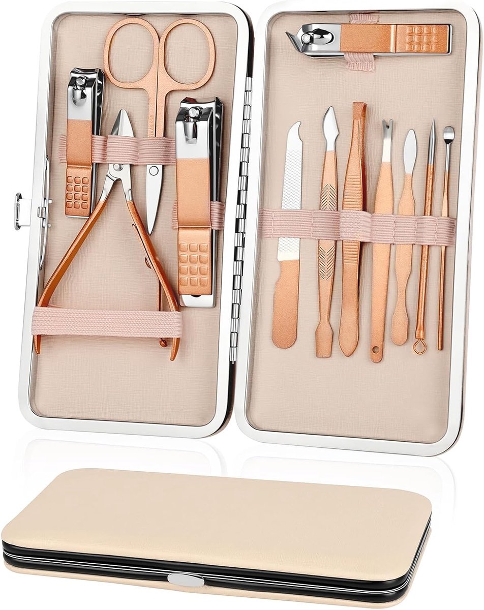 SnelShoppen - Manicure Set 12-Delig, Roestvrijstalen Nagelverzorging Set met PU Leren Tas, Professionele Hand- en Voetzorg voor Mannen en Vrouwen, Ros