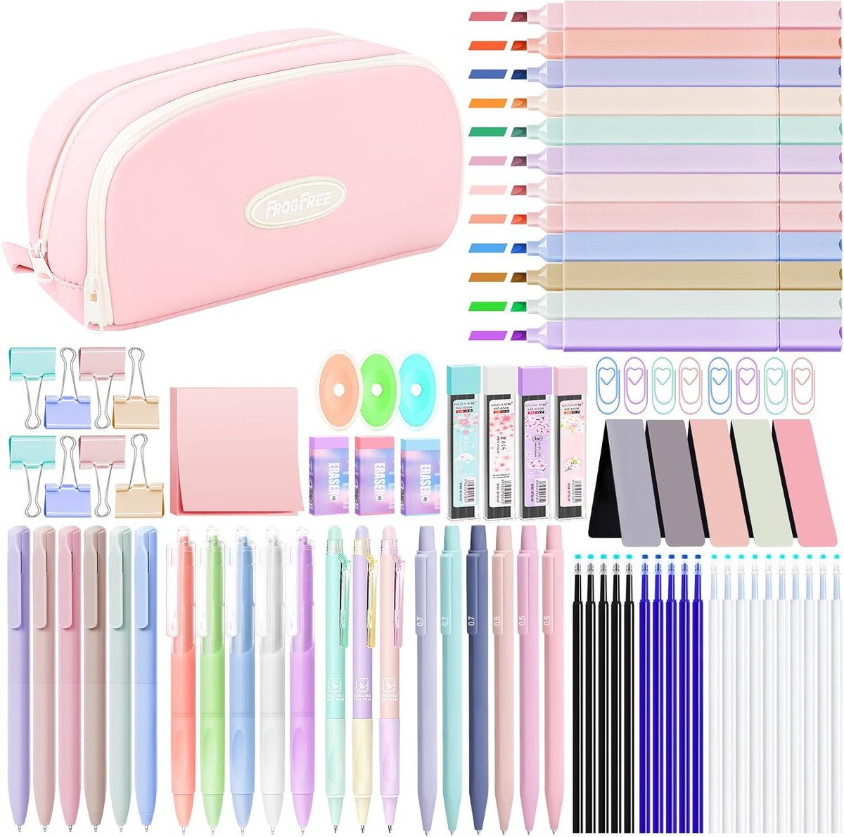 SnelShoppen - Aesthetic schoolspullen set voor school, pastel highlighters, gelpennen, mechanische potloden, roze, 36-delig, perfect voor studenten en