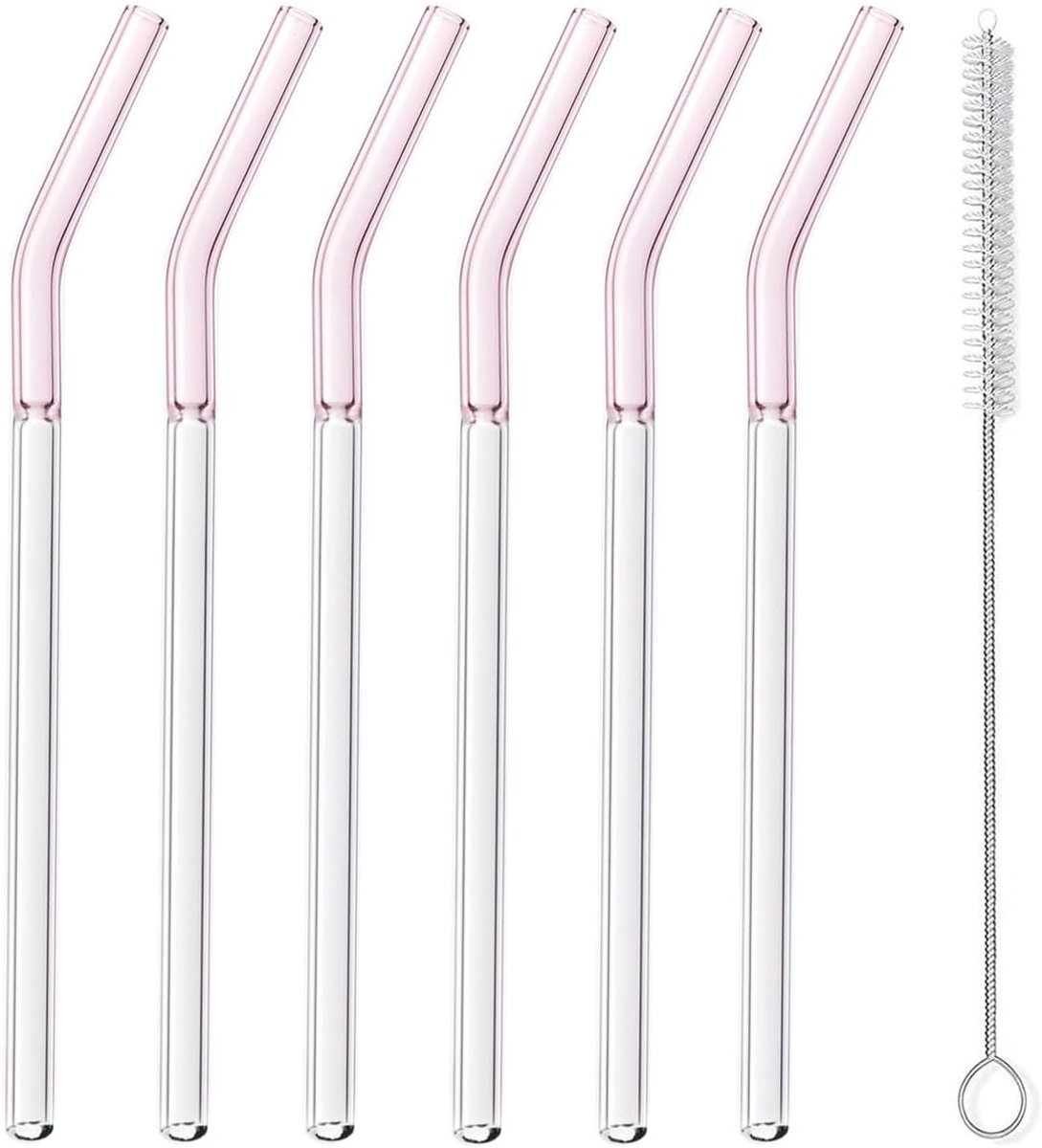 SnelShoppen - Herbruikbare borosilicaatglazen rietjes 6 stuks - Hittebestendig, milieuvriendelijk, ideaal voor warme en koude dranken, roze, met reini