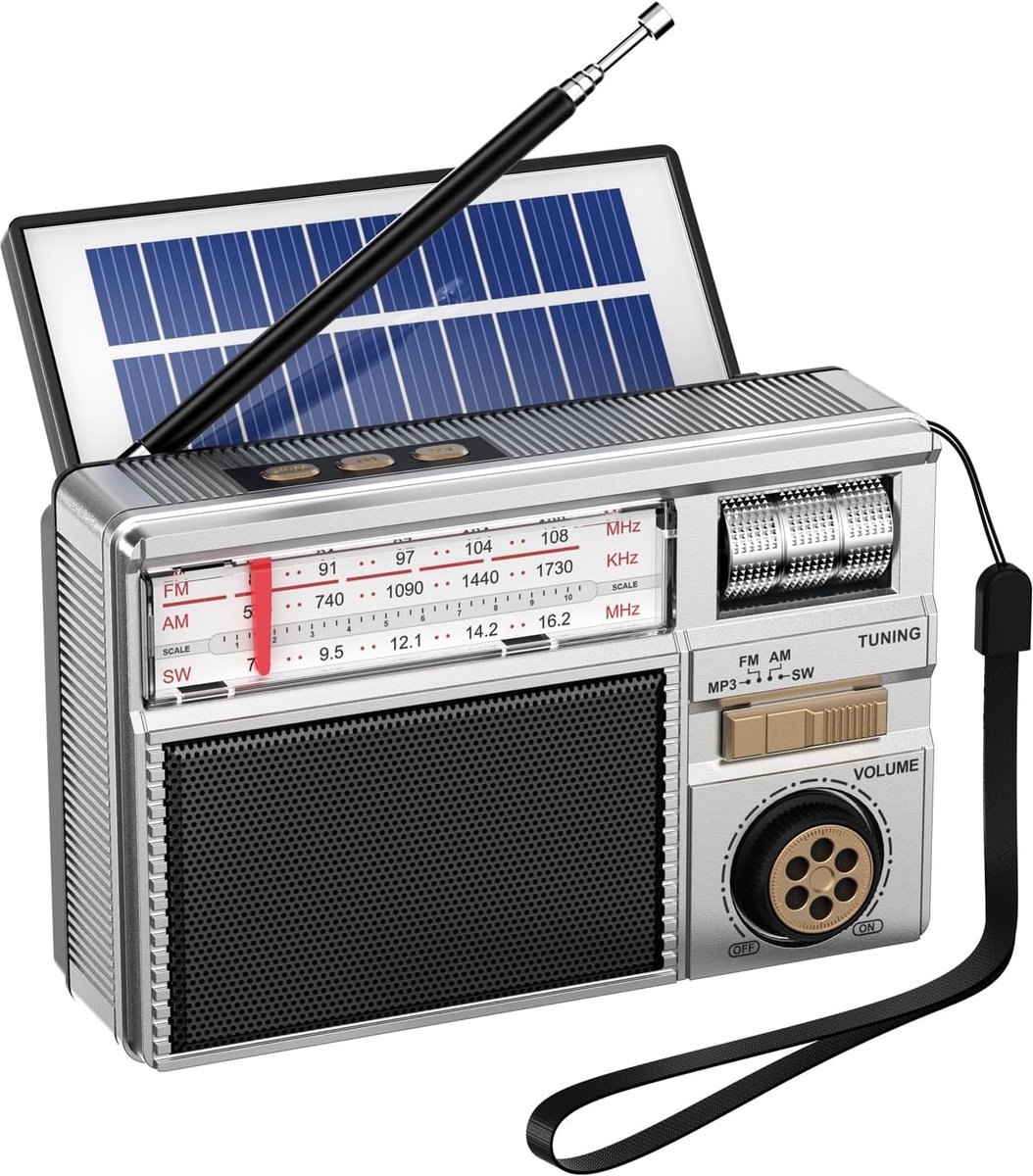 SnelShoppen - Draagbare AM FM SW Radio - Zonne-energie + USB-C Oplaadbare Transistor Radio met Bluetooth Speakers, TF/USB/AUX Speler voor Buiten, Tuin