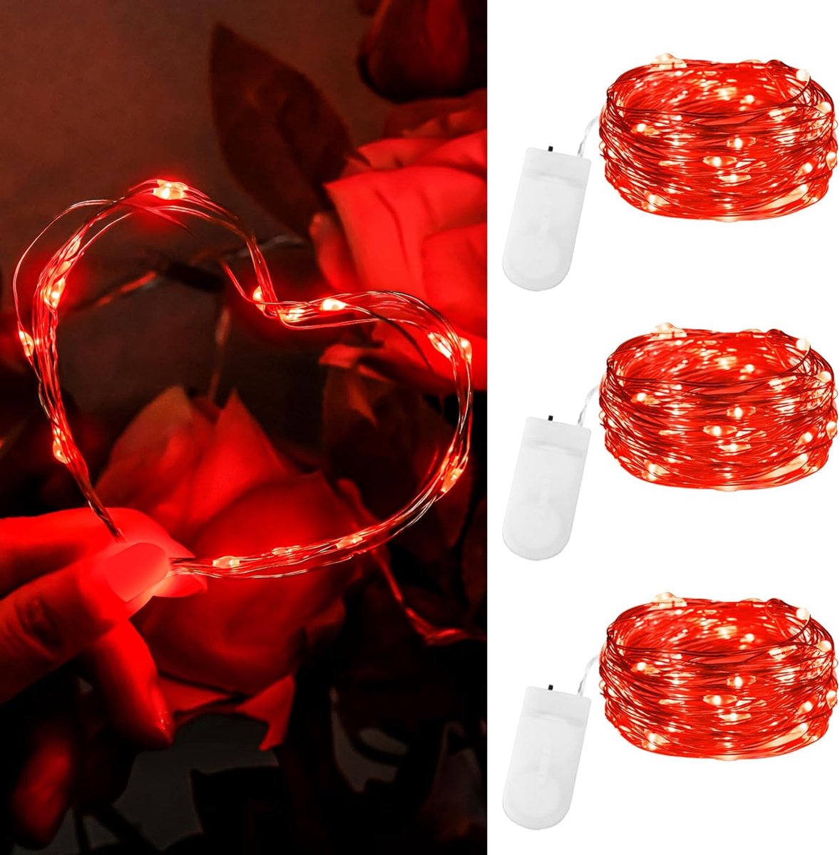 SnelShoppen - Rode Batterij Aangedreven Fairy Lights 2m - 20 LED Mini Lichten - 3 Stuks - Voor Valentijnsdag, Jubileum, Slaapkamer Decoratie