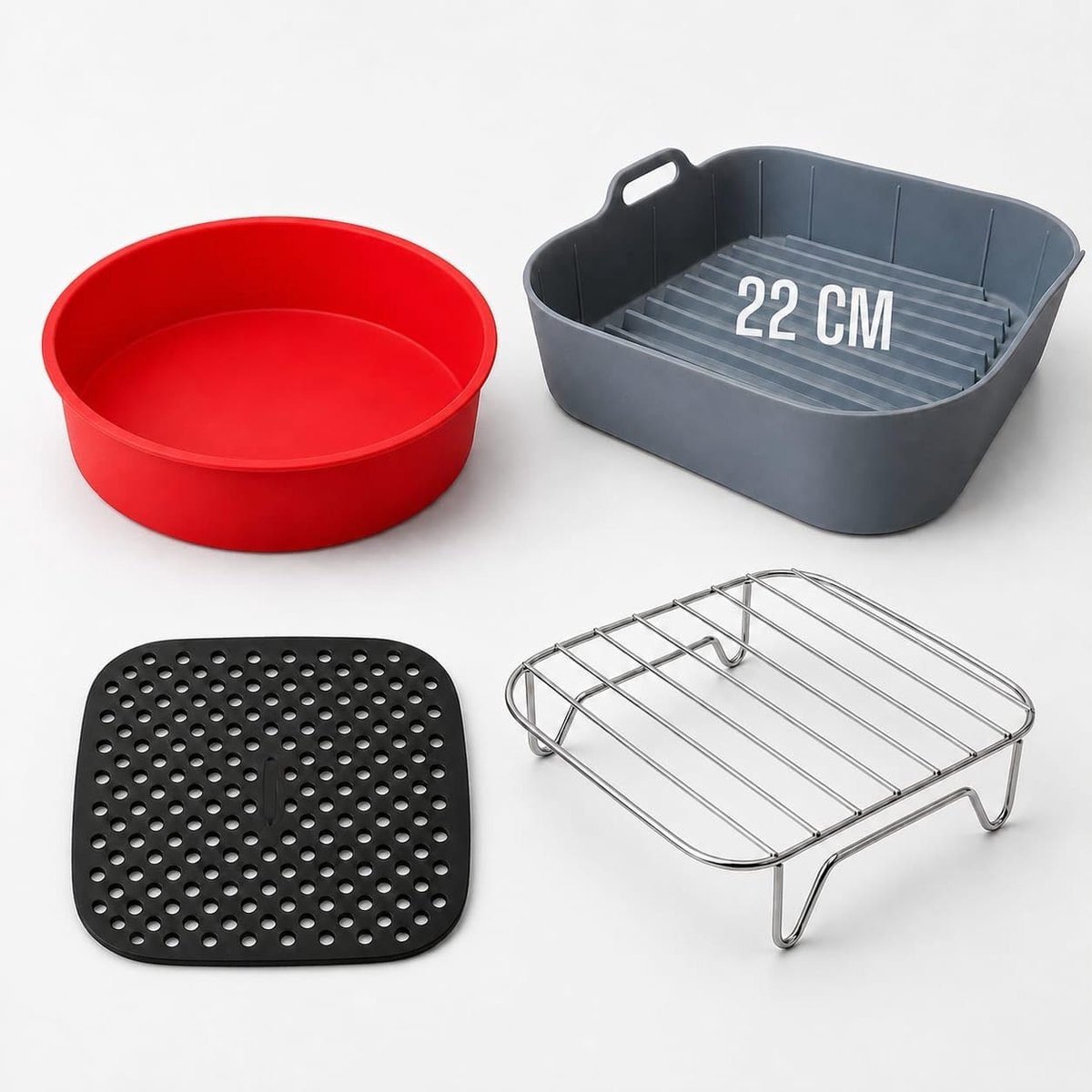 SnelShoppen - Air Fryer Accessoires Set - Silicone Mould 22 cm, Cake Mould 21.5 cm, Mat en Rack voor Air Fryer, Geschikt voor Diverse Merkmodellen, Ke