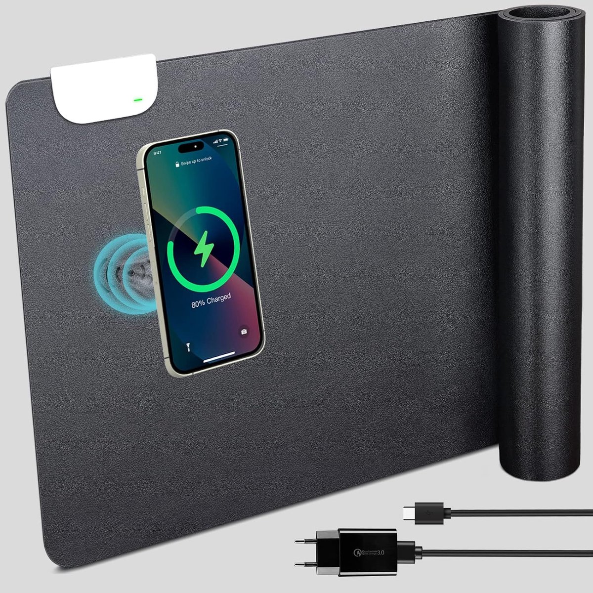 SnelShoppen - Desk Mat met Draadloze Oplader, Leer, 10 W Snelladen, Waterdicht, 900 x 420 x 4 mm, Muismat voor Kantoor en Thuisgebruik