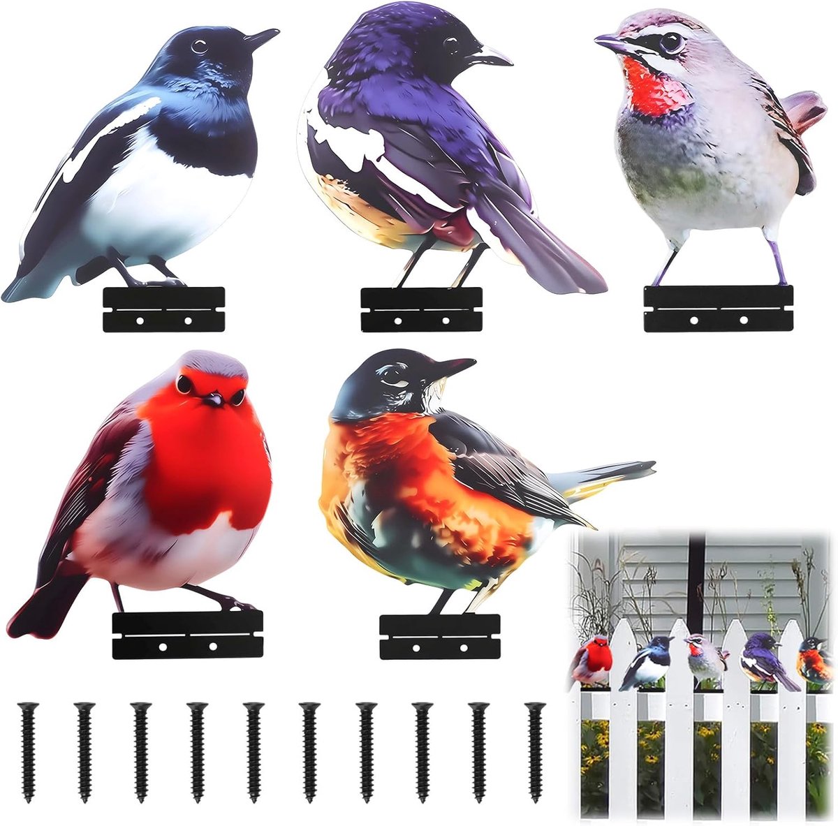 SnelShoppen - 5 Decoratieve Tuin Vogels van Metaal, Dubbelzijdige Buitendecoratie voor Hek, Boom, Balkon en Terras, Rustiek en Waterdicht, Kleurige Be