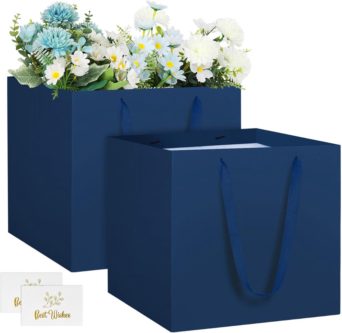SnelShoppen - 2 Stuks Grote Vierkante Cadeautassen Blauw 25x25x25 cm met Handvatten - Perfect voor Huwelijk, Kerst, Bloemen, Taart, Cadeaus