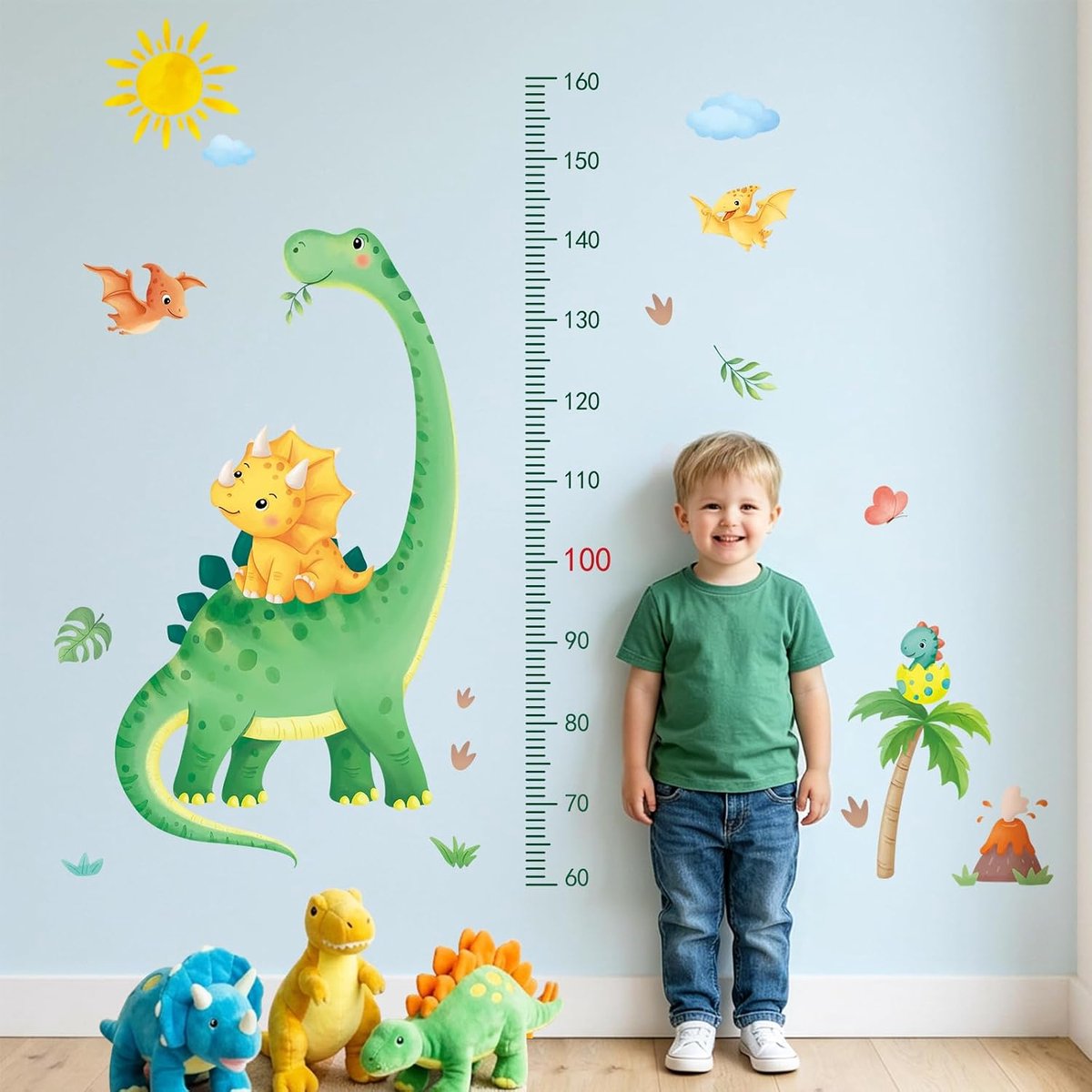 SnelShoppen - Groene Dinosaurus Muursticker Vinyl Peel en Stick, T-rex Groeigrafiek Wanddecoratie voor Kinderen Slaapkamer Speelkamer Kwekerij Deur