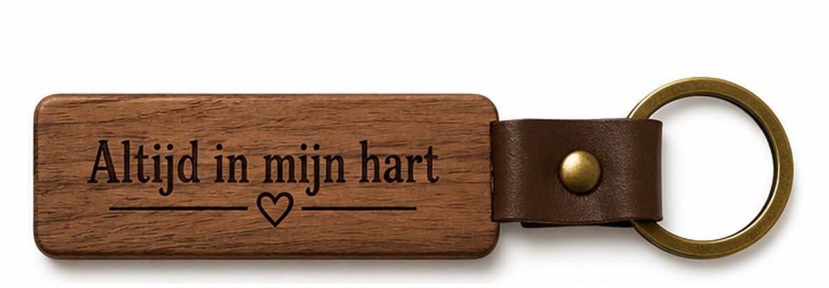 Houten Sleutelhanger "Altijd in mijn hart" - Met Gravure - Hout & PU Leer - 10 cm - Herinnering / Troost Cadeau / Liefde