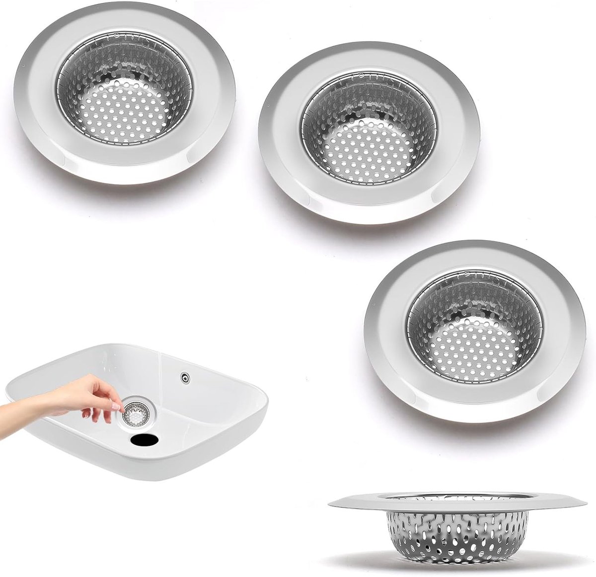 Set van 4 roestvrijstalen afvoerzeven voor douche en wastafel, 9 cm diameter, haarzeef voor keuken en badkamer, voorkomt verstoppingen en houdt afvoer schoon