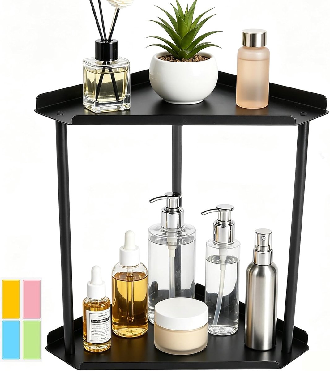 SnelShoppen - Hoekrek met 2 Etages - Staand Zwart Metaal - Perfect voor Badkamer, Keuken, Werkblad, Kaptafel, Kruidrek - Compact en Ruimtebesparend