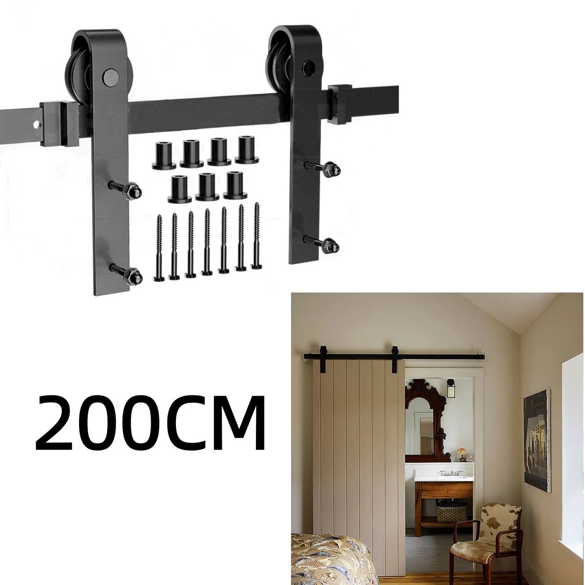 Stervia Schuifdeurrails 2 Meter - Industriële Deurrails - Stille Kogellagers - Zwart - 200 x 5 x 10 cm