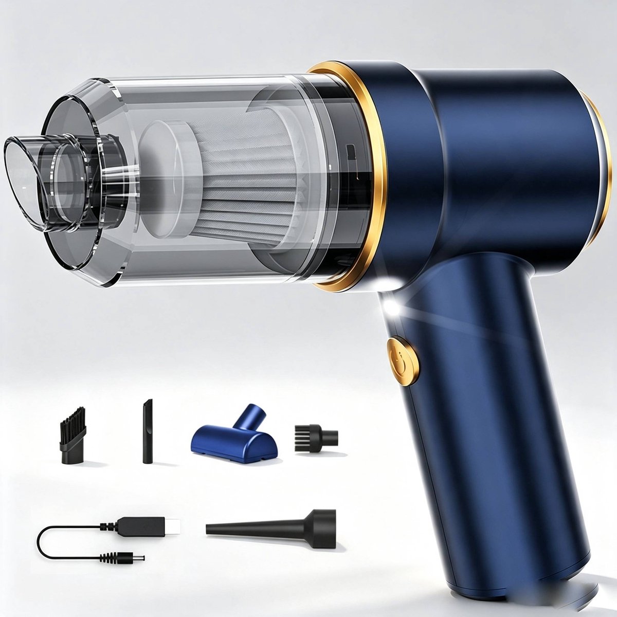 Draagbare handstofzuiger met 120W hoog vermogen en 42000 rpm hoog toerental, uitgerust met led-lamp en meerdere verwisselbare mondstukken, stofzuiger voor auto, woning, kantoor en het opruimen van huisdierhaar
