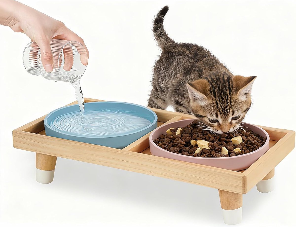 SnelShoppen - Kattenvoerstation Met Houten Stand & 2 Silicone Schalen - Brede Moustache Vriendelijke Kattenvoerbak - 18 cm - Roze & Blauw - Voor Katte