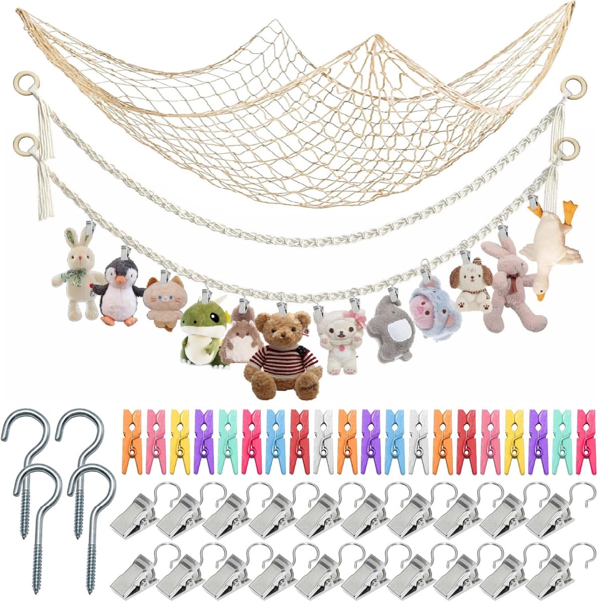 SnelShoppen - Set van 2 Pluche Opbergnetten, Bohemian Macramé, 40 Clips, 2 Meter, Voor Pluche Speelgoed, Creatieve Opbergoplossing Voor Kinderen, Kame