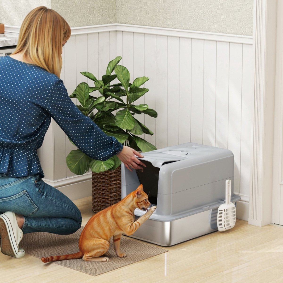 COVREO Kattenbak 60,5 x 40,5 x 41,5 cm – RVS, grijs/zilver, met deksel en filter