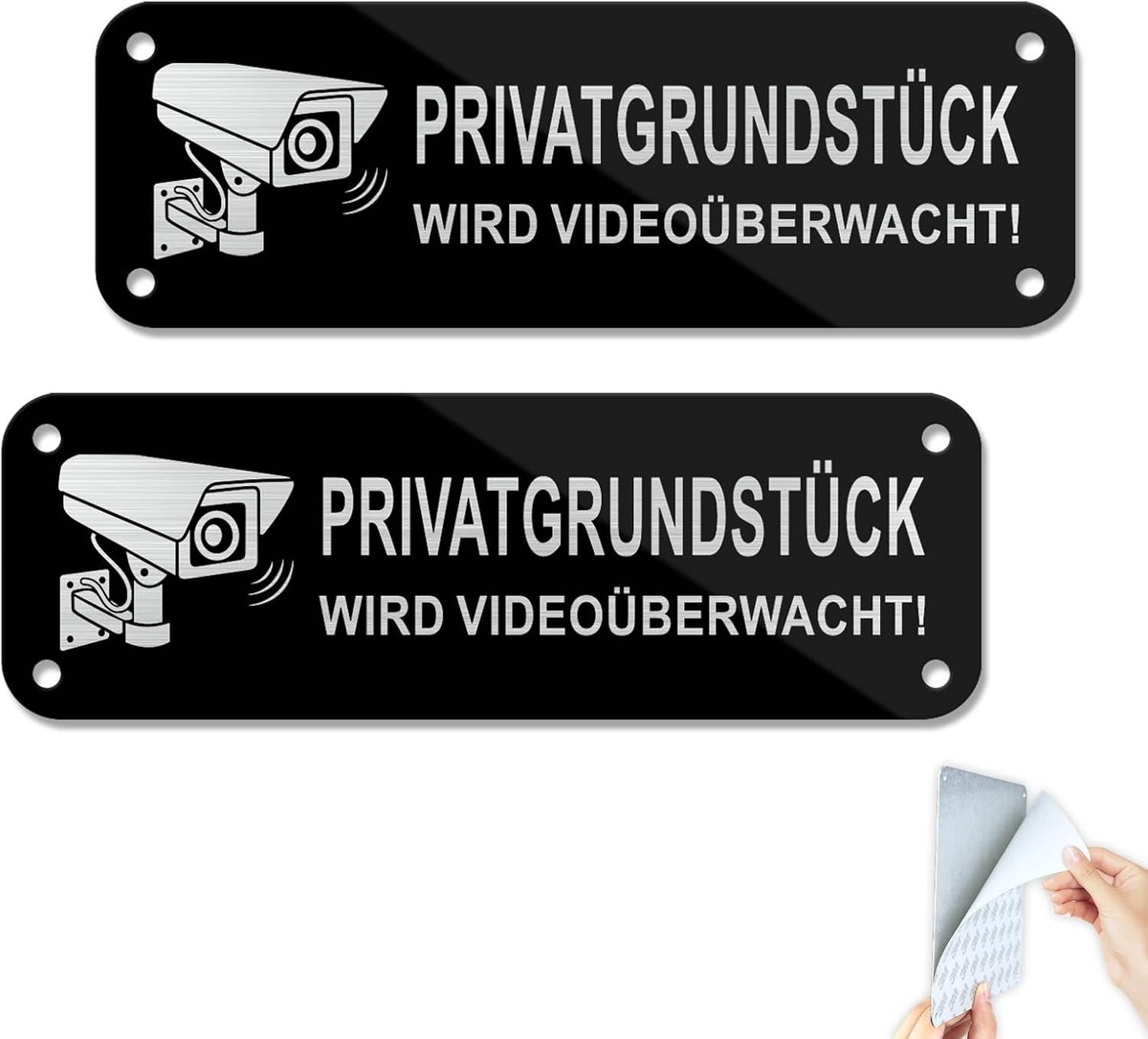 SnelShoppen - Shield Camera Surveillance Sticker 15x5cm - 2x Metalen Bord Voor Video Bewaking - Brushed Aluminium - Veiligheid - Inbraakpreventie - Co