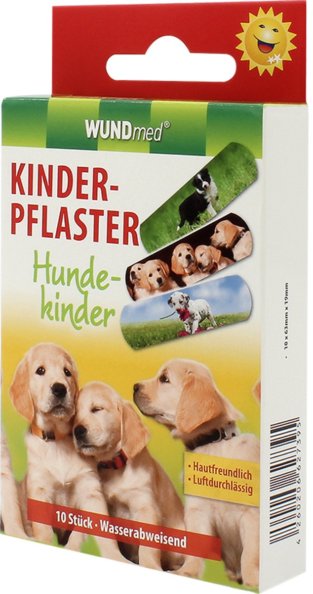 2 pakjes van 10 stuks kinderpleisters "Puppies" zijn voorzien van kleurrijke hondenmotieven. Elke pleister is individueel verpakt en heeft een antikleeflaagje voor pijnloze verwijdering.