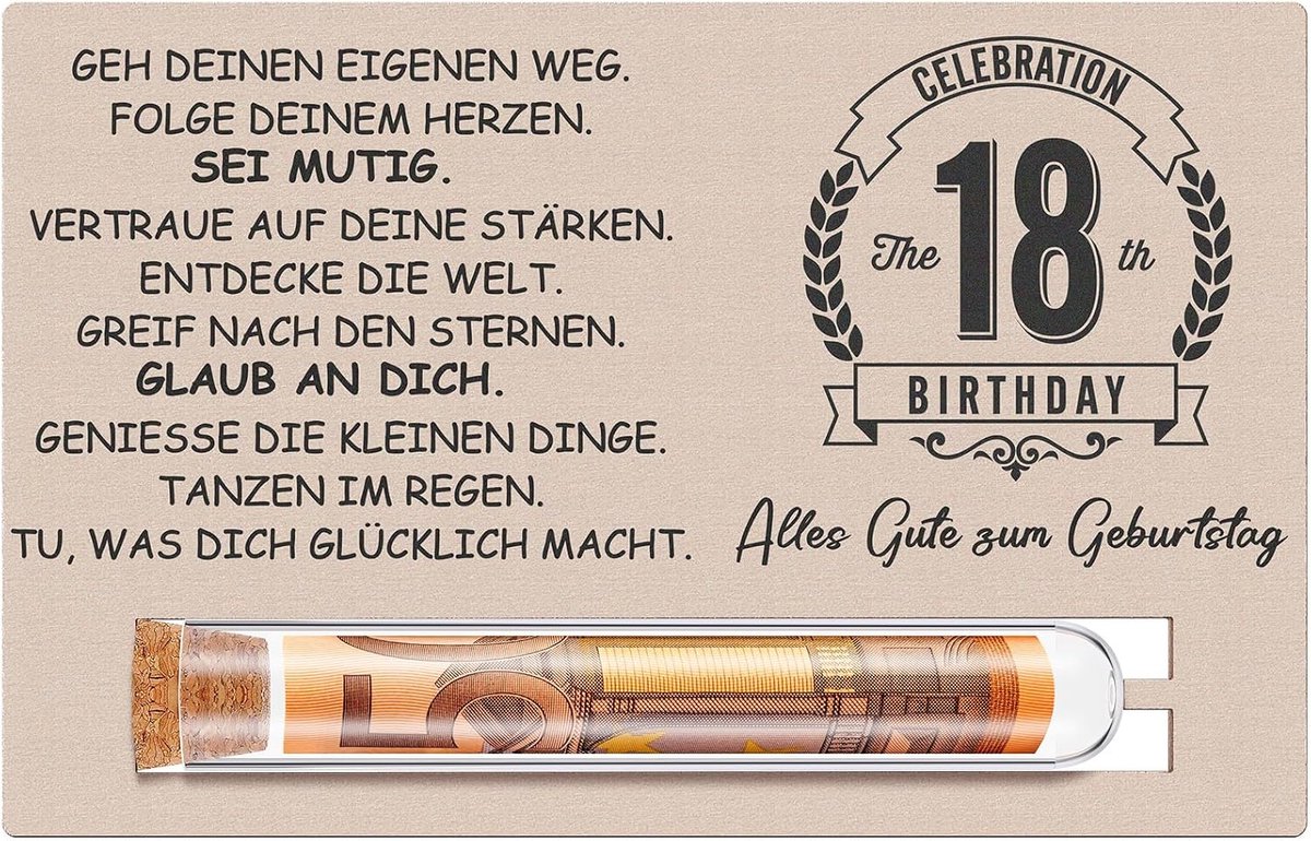 SnelShoppen - Geld Cadeau Set 18e Verjaardag voor Jongens en Meisjes met Houten Kaart en Proefbuis - Originele Verpakking voor Geldbonnen en Cadeau Ge