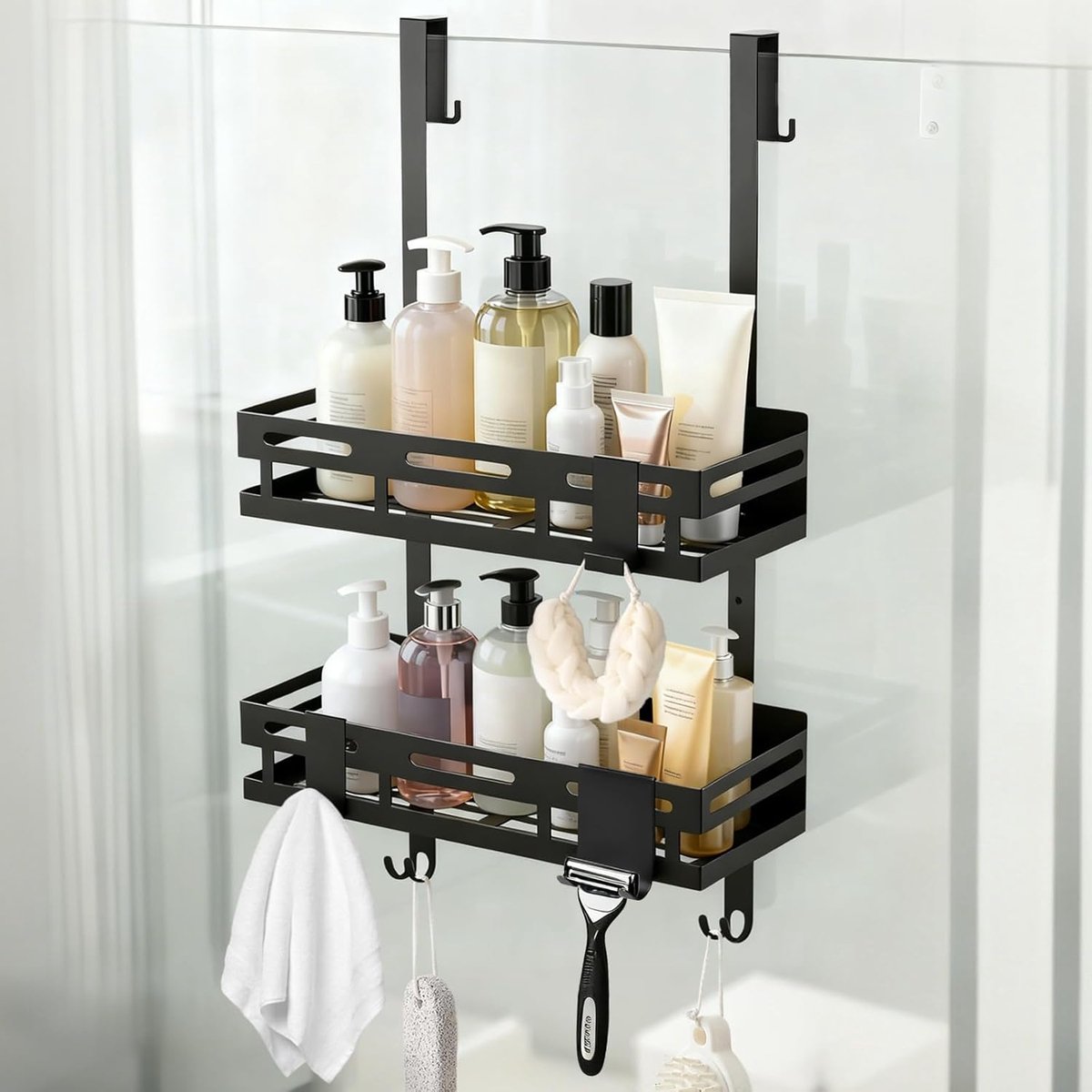 SnelShoppen - Douche Plankje voor Ophangen, 2 Niveaus, Douche Plank Zonder Boren, voor Glazen Deur, Douche Mand, Shampoo Houder, Zwart