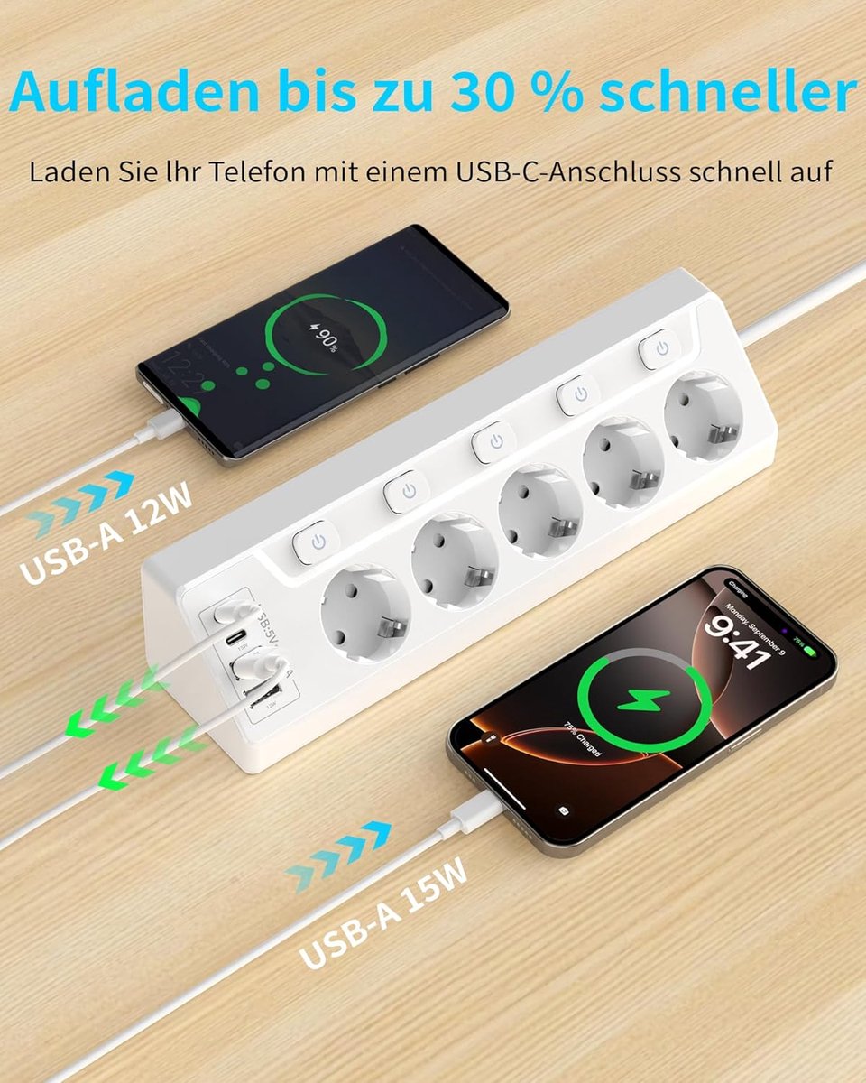 SnelShoppen - Power Strip met Apart Schakelaar, 5-Weg Stekkerdoos met USB C en USB A, 9-in-1 Tafelstopcontact met 2 m Kabel voor Thuis en Kantoor (Wit