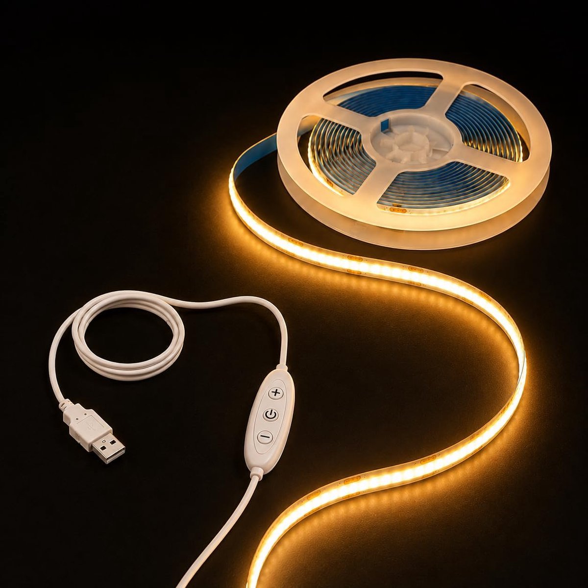 SnelShoppen - COB LED Strip 2M Warm White 2700K, USB 5V Dimbaar Flexibele LED Strip met Plakrug, 320 LEDs/m voor Keuken, Trap, Slaapkamer