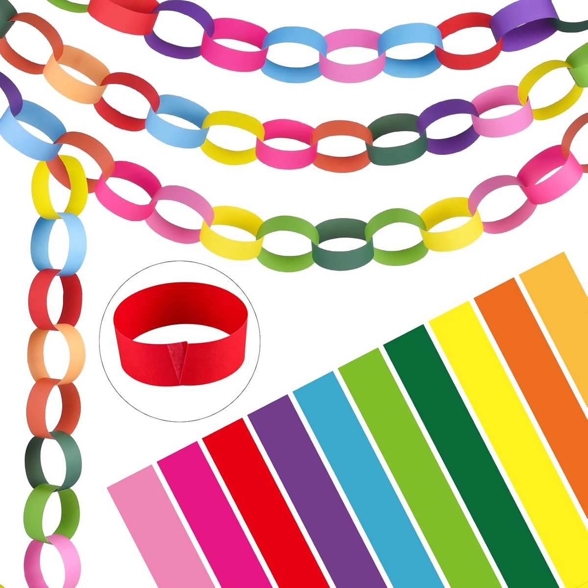 SnelShoppen - 300 Kleurrijke Papieren Kettingen voor DIY Feestdecoraties - 10 Felle Kleuren - Hoogwaardig Schrijfpapier - 59 Voet Lang - Makkelijk in