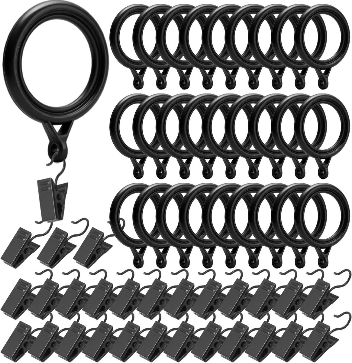 SnelShoppen - Set van 50 Zwarte Gordijnringen met Clips, Plastic Gordijnringen, Stille en Lichte Gordijnaccessoires voor Raam, Deur en Douchegordijn,