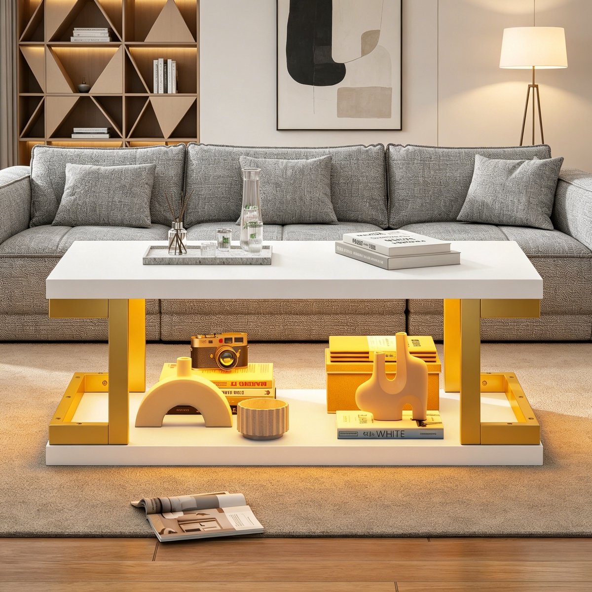 COVREO Salontafel 100x50x37,5 cm – wit en goud, MDF en metaal, met LED-verlichting