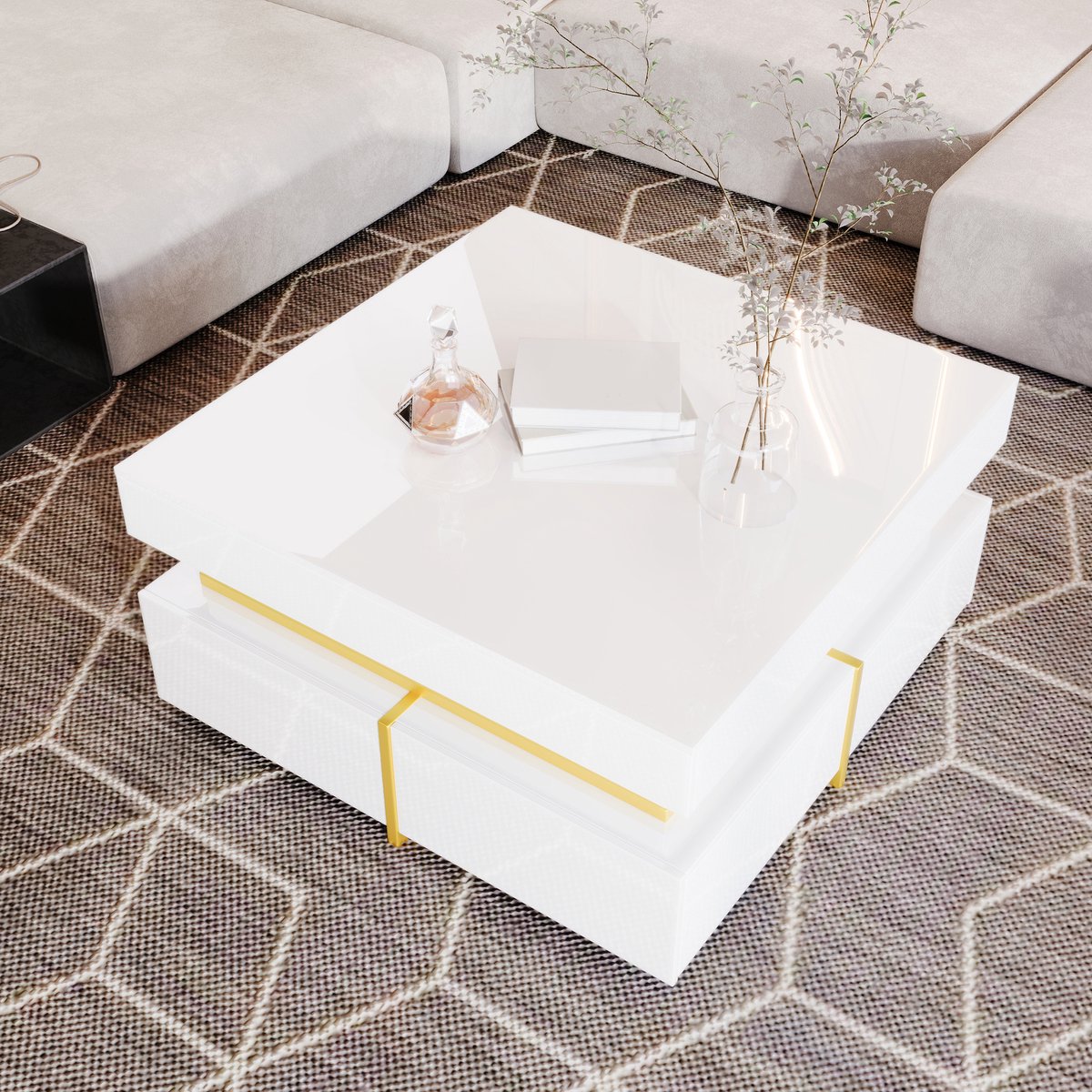 COVREO Salontafel 70x70x35,5 cm – wit hoogglans, 2 lades, met gouden accenten