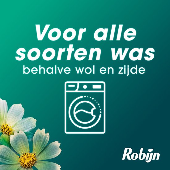 Tekst 'Voor alle soorten was behalve wol en zijde' met icoon van wasmachine en bloemen.