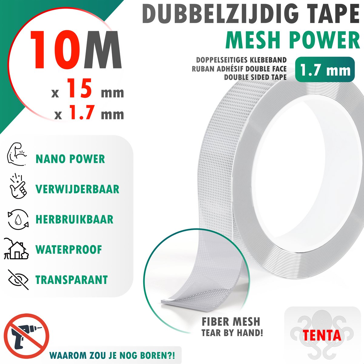 Dubbelzijdig Tape Extra Sterk 10m x 15mm x 1.7mm - TENTA Mesh Power