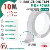 Rol transparant dubbelzijdig TENTA Mesh Power tape, 10m x 15mm x 1.7mm. Met icoontjes voor Nano Power, verwijderbaar, herbruikbaar, waterdicht en transparant.