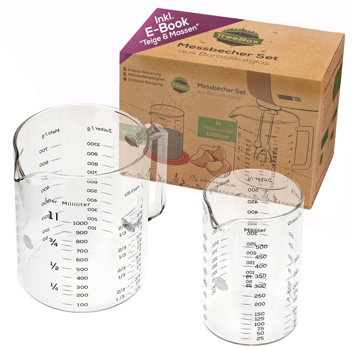 SnelShoppen - TreeBox Maatbeker van Glas met Schenktuit – 2-delige Set – Hitte- en Magnetronbestendig – Diverse Maateenheden voor Koken, Bakken en Men