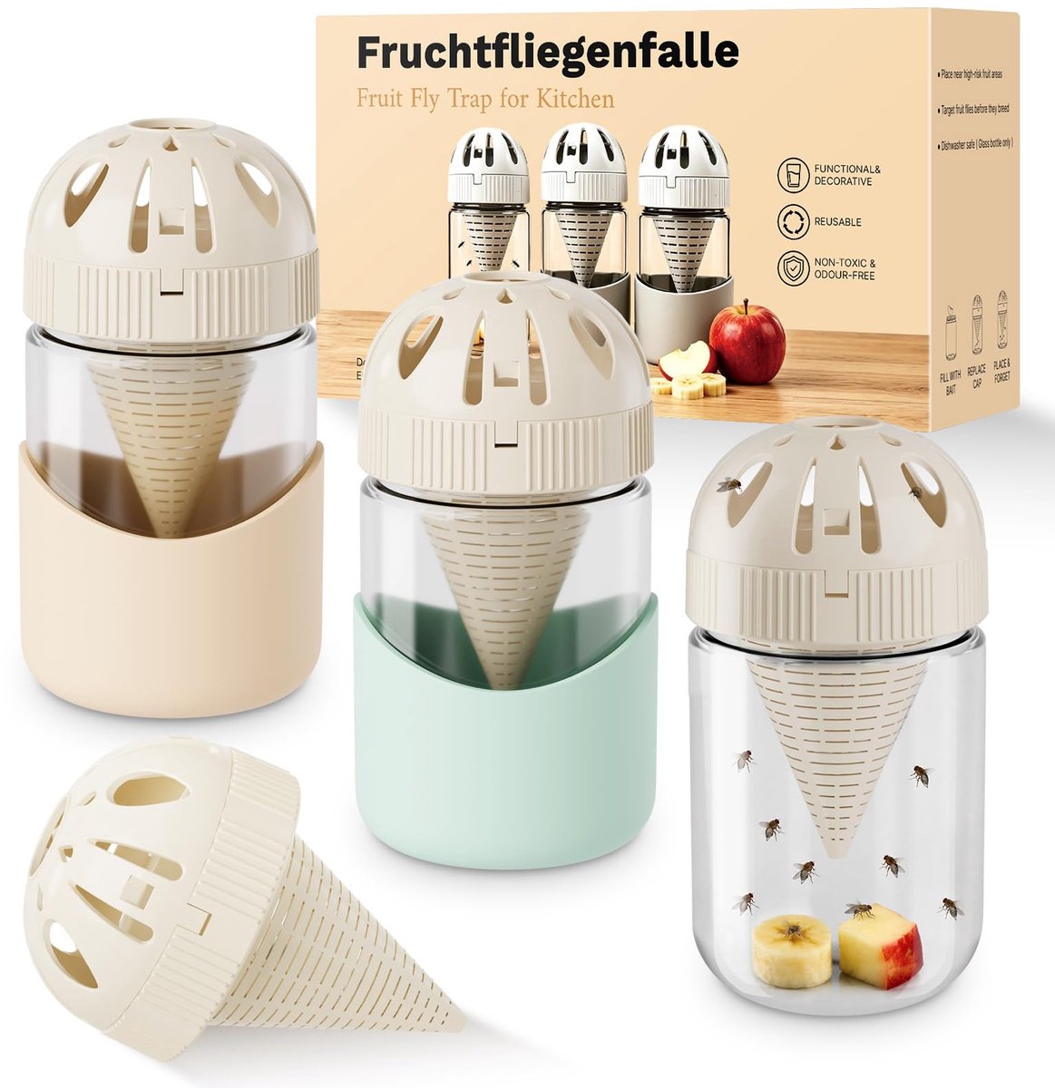 SnelShoppen - 3-delige herbruikbare glazen fruitvliegenval voor de keuken, effectieve decoratieve fruitvliegenbestrijding, antislip, permanente oploss