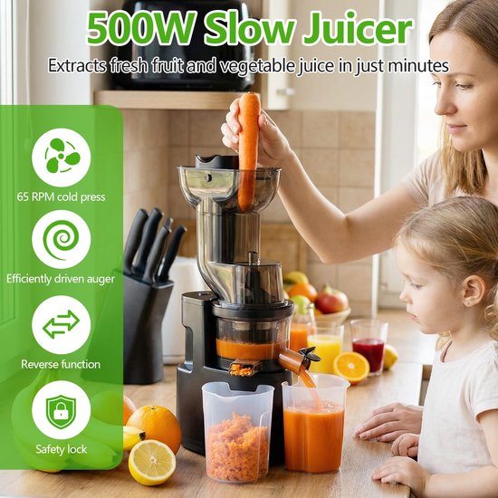 Slow Juicer - Sapcentrifuge - Gezond Sap Maken - Brede Vulopening - 98 mm - Zwart — afbeelding 5
