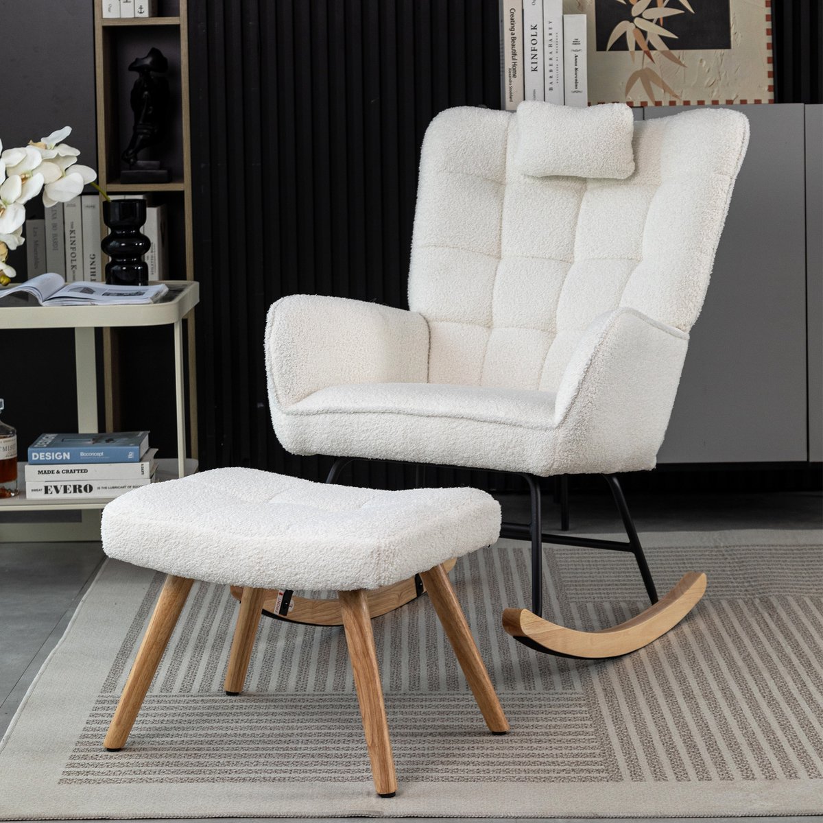 COVREO Schommelstoel 92 x 65 cm - wit bouclestof, met hoofdsteun en hocker