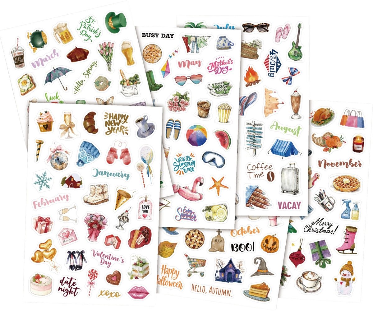 203 Seizoens stickers – 6 Stickervellen met maanden 12 x 18 cm – Jaarplanner, Agenda, Bullet Journal & Scrapbooking volwassenen