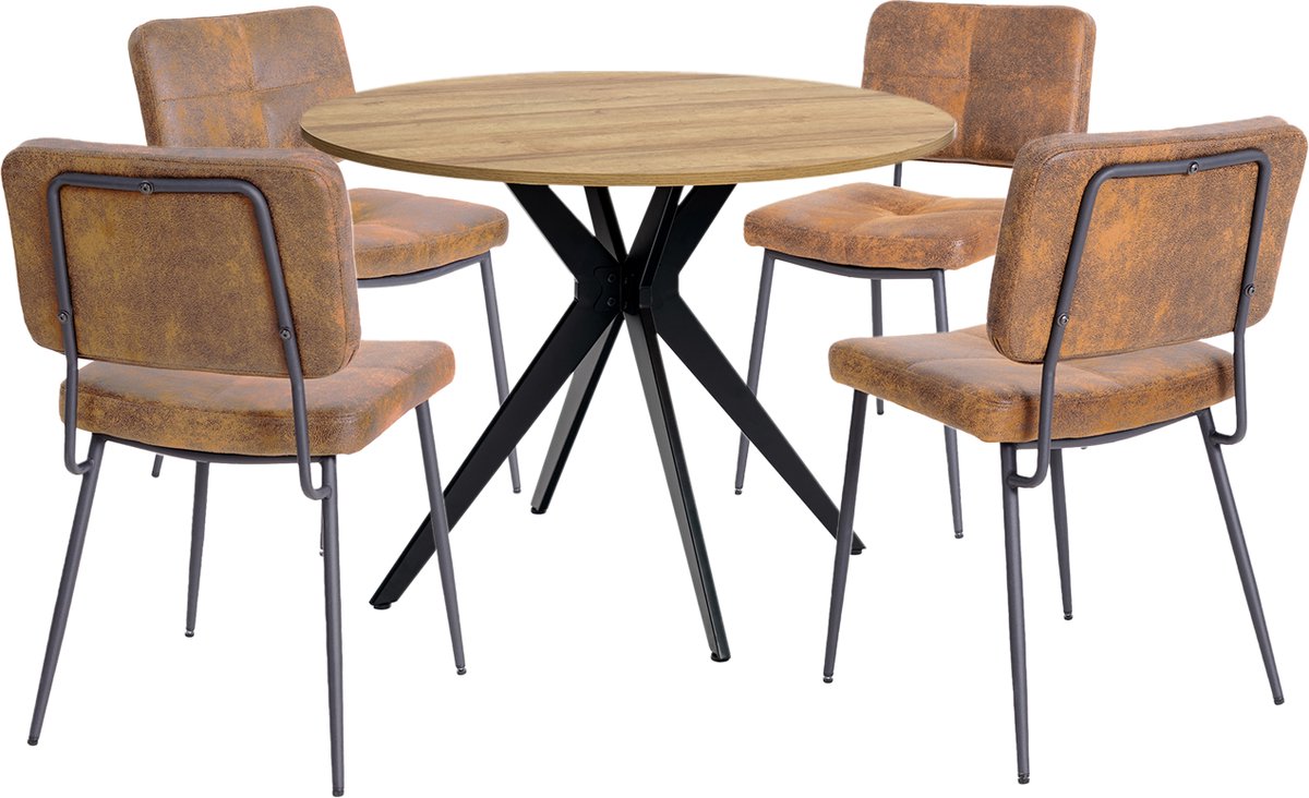 Eethoek - Ronde Houtlook Tafel Met 4 Industriële Stoelen - Bruin