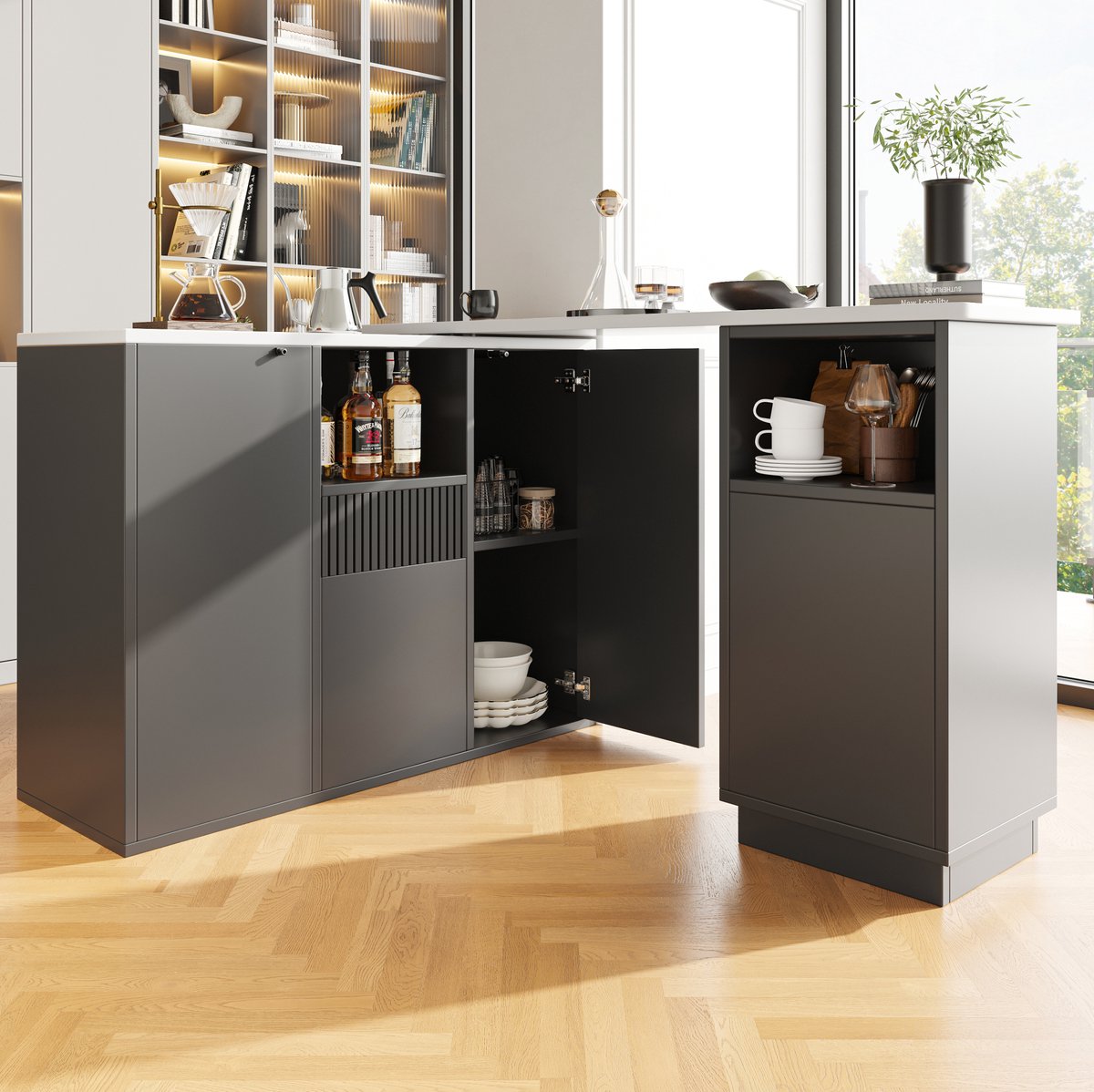 COVREO Bartafel 210 x 30 x 100,9 cm – zwart, MDF, 360° draaibaar met opbergruimte