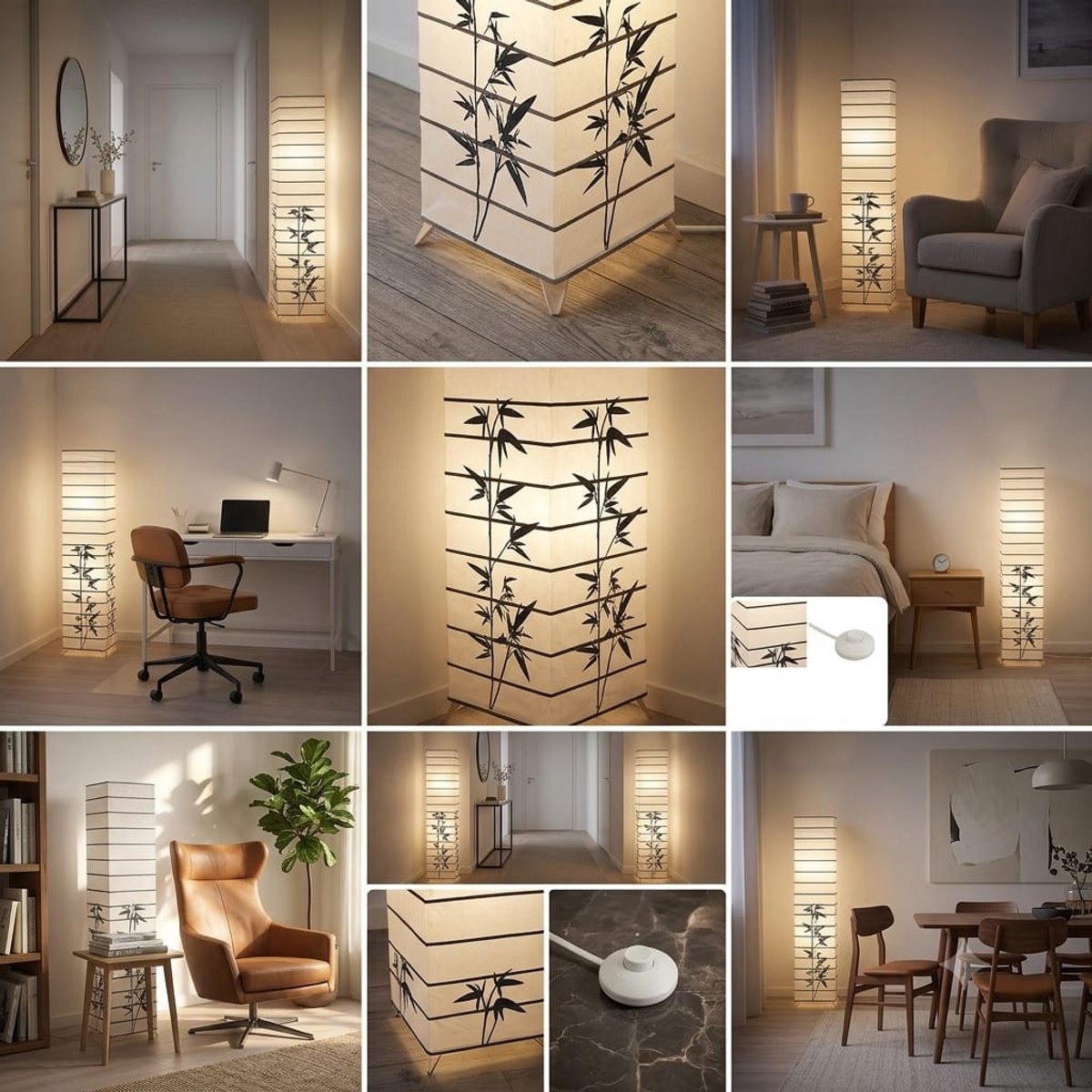 Trango 1212L Design Vloerlamp *JAPAN* Rijstpapier Lamp *HANDMADE* in Wit met Decoratieve Staven & Bamboe Motief I incl. 2x E14 LED lampen - Vorm: hoekig - Hoogte: ca. 125cm - Woonkamer lamp - Vloerlamp
