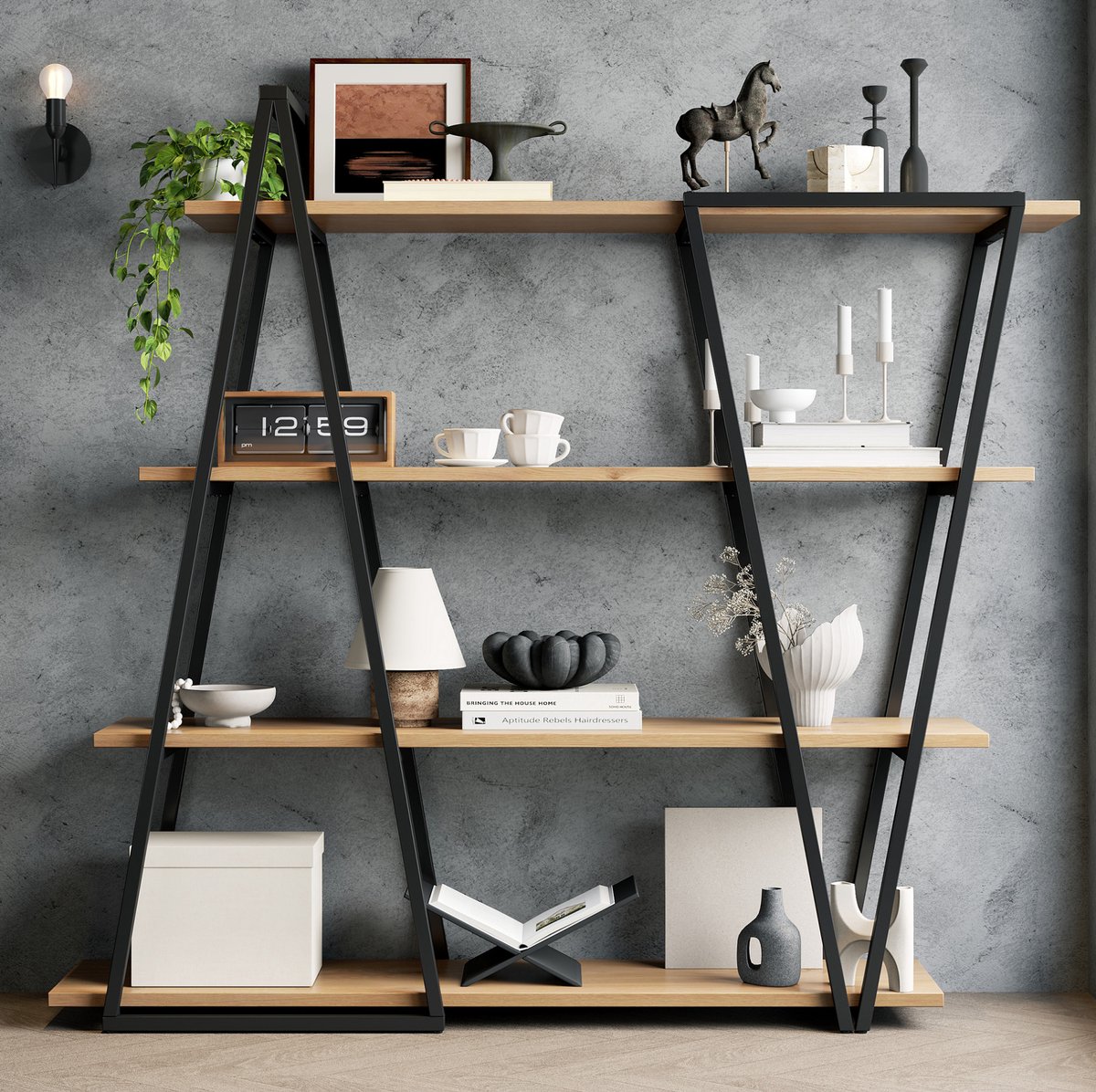 MIVRAY Boekenkast – 158 x 35 x 166 cm – Geometrisch Open Ontwerp – MDF En Metaal – Zwart Bruin – Voor Woonkamer Keuken En Werkkamer
