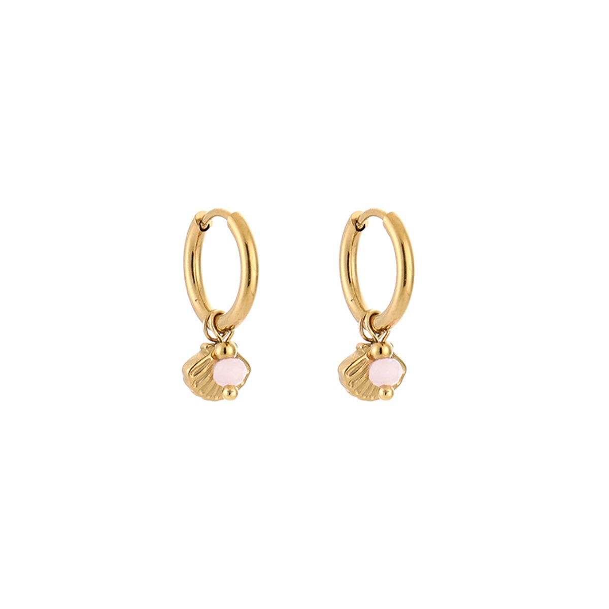 Stainless Steel Reliëf Schelp & Kraal Bedel Oorringen – Oceanische & Trendy Hoops – RVS - Goud/Roze